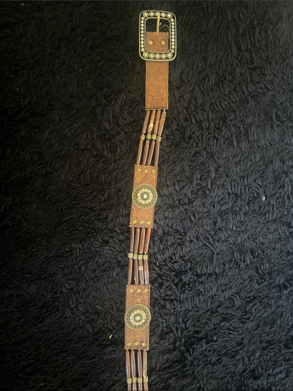 Bohemian Brown Beaded Vegan Leather Belt with Decorative Medallions Sz Medium